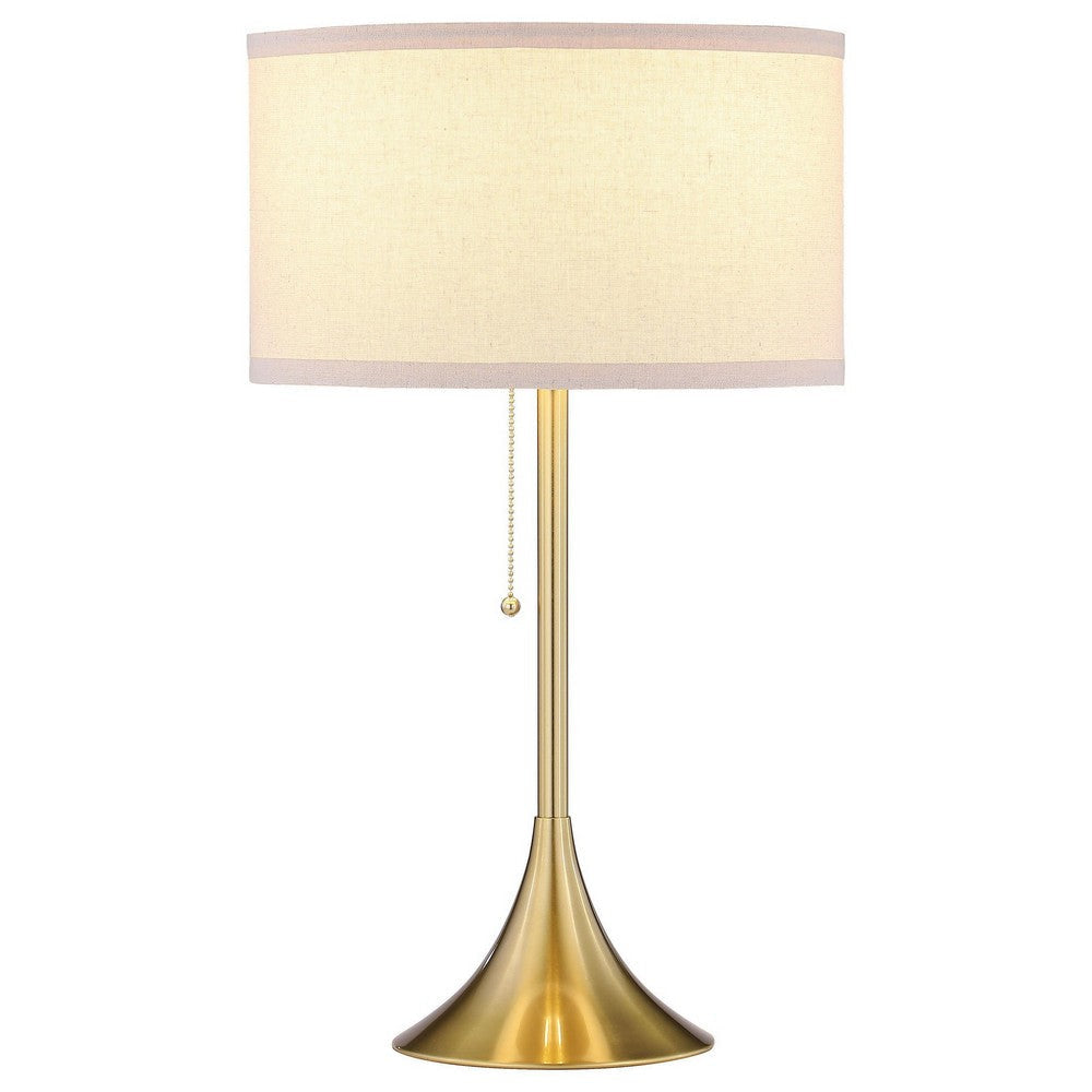 Mikka Table Lamp, Pull-Chain, Gold Flared Pedestal Base, Beige Fabric