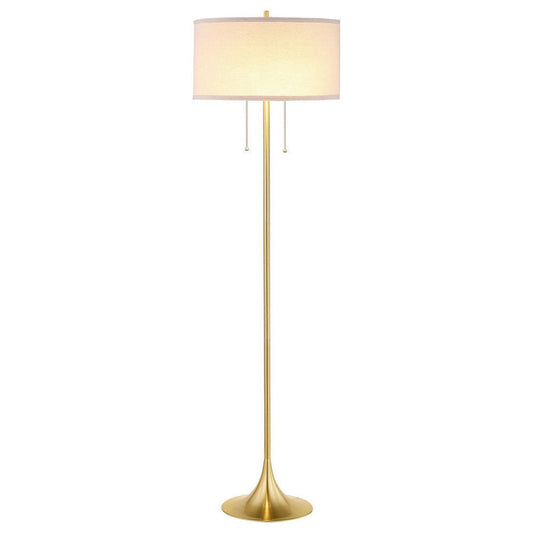 Mikka Floor Lamp, Pull-Chain, Gold Flared Pedestal Base, Beige Fabric