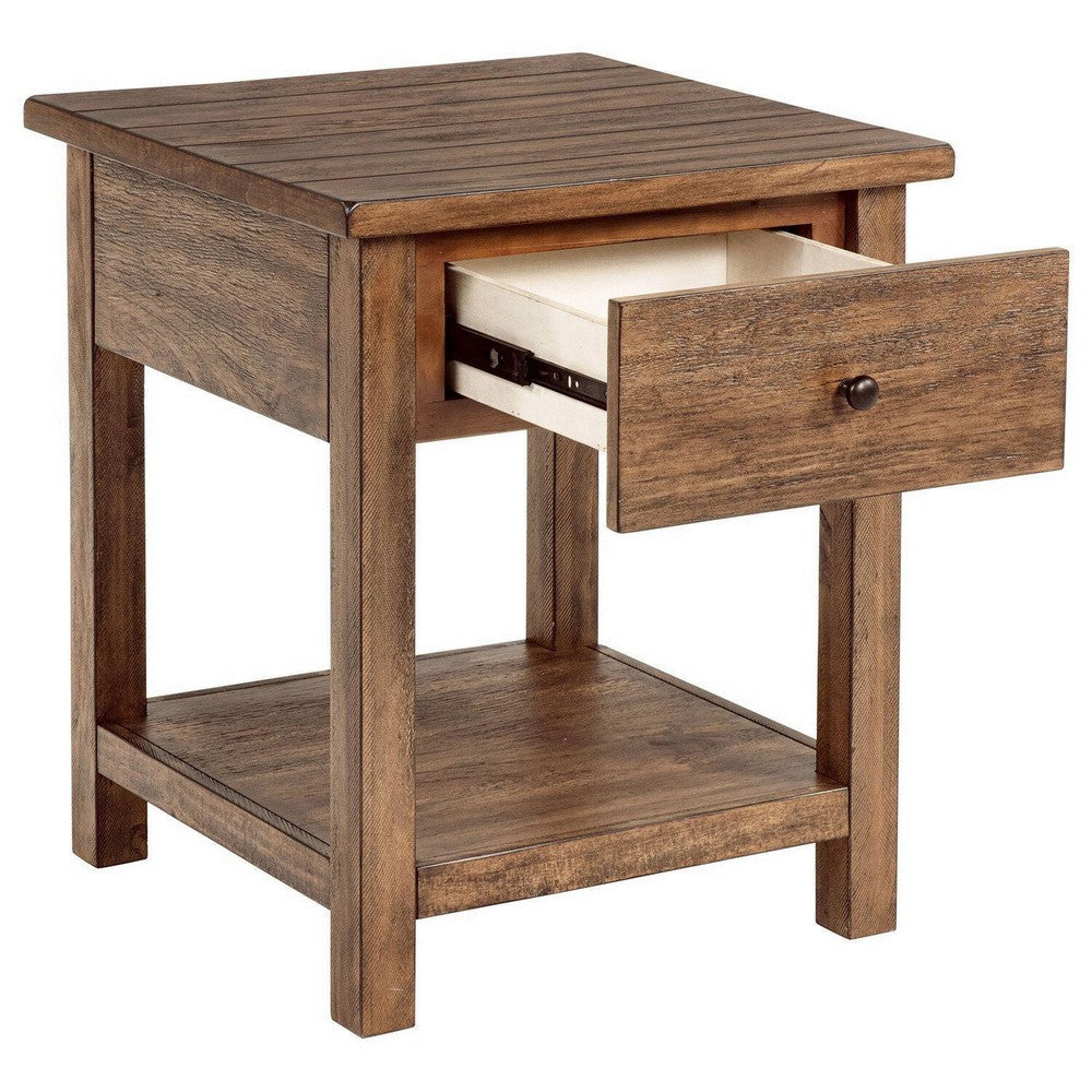 Ayne Side End Table 1 Shelf 1 Drawer Brown Wood Square 20 Inch