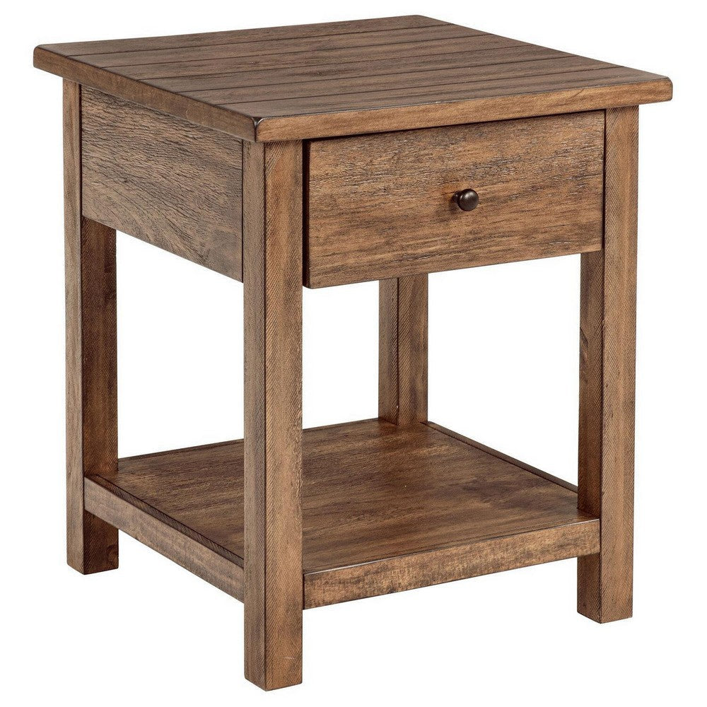 Ayne Side End Table 1 Shelf 1 Drawer Brown Wood Square 20 Inch