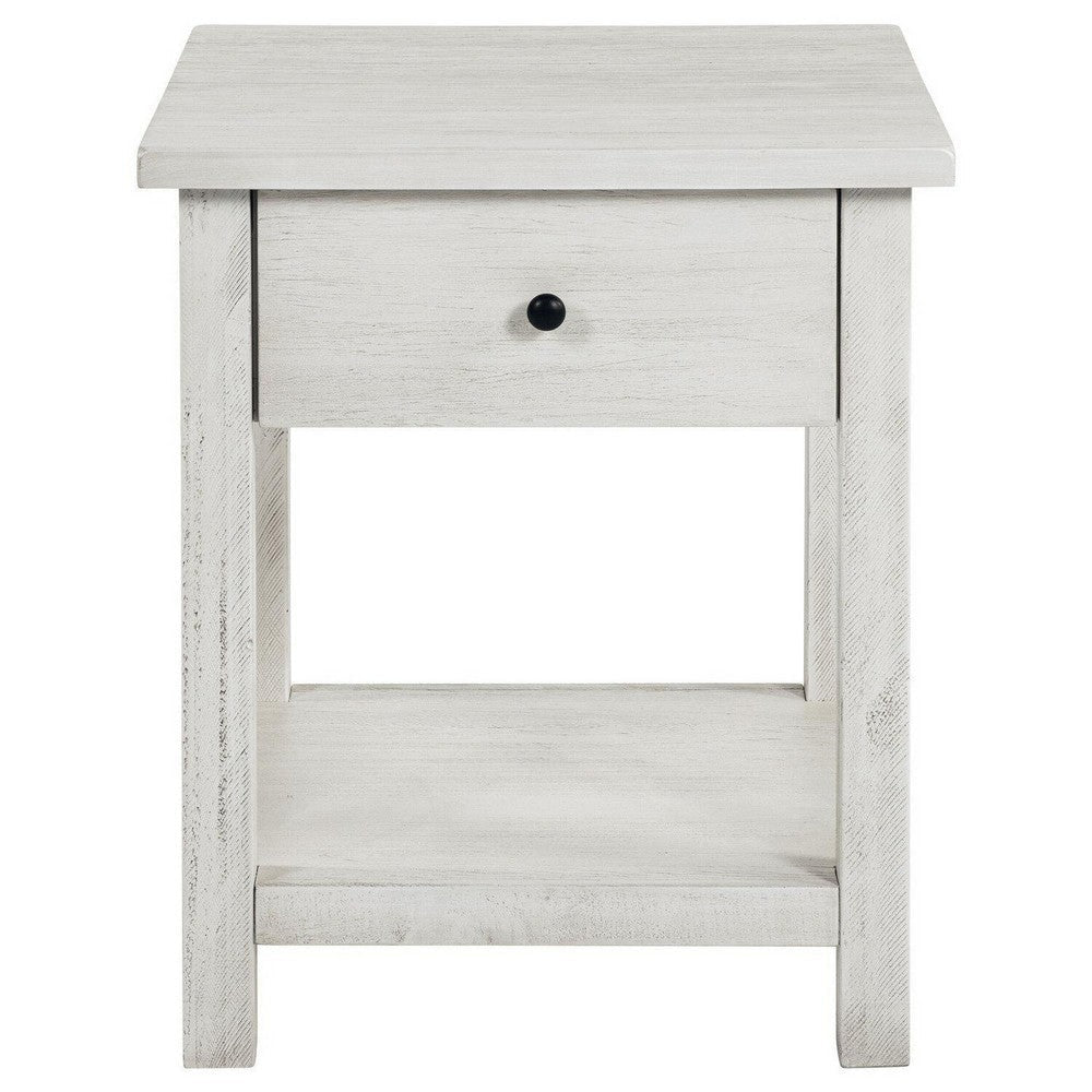 Ayne Side End Table 1 Drawer Distressed White Wood Square 20 Inch