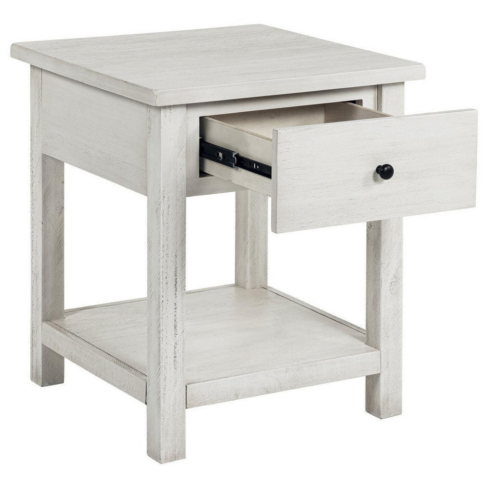 Ayne Side End Table 1 Drawer Distressed White Wood Square 20 Inch