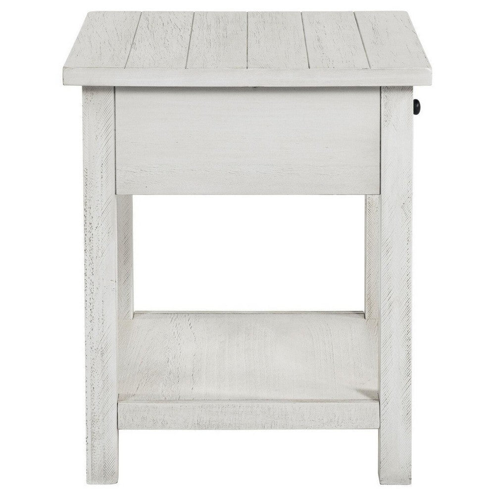 Ayne Side End Table 1 Drawer Distressed White Wood Square 20 Inch