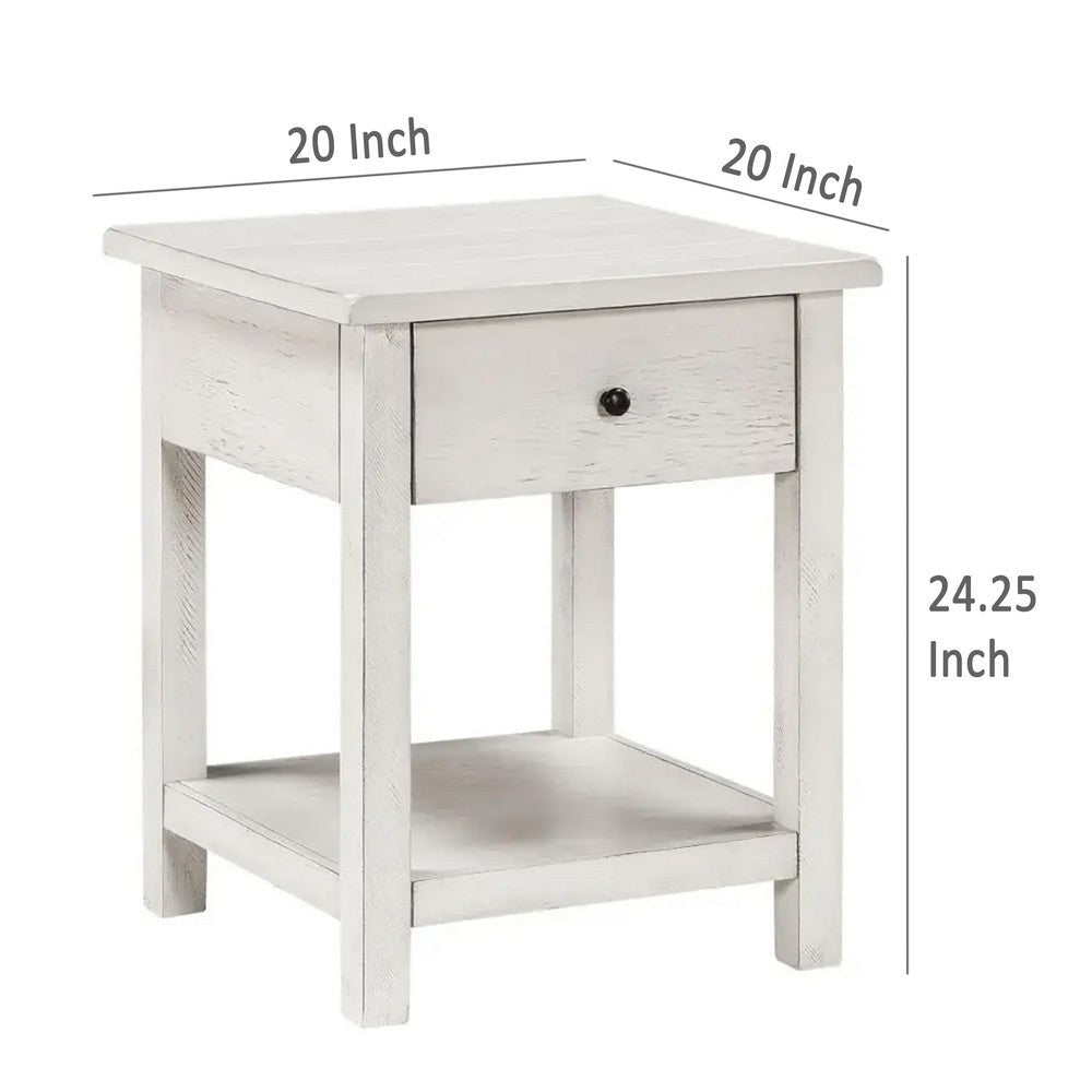 Ayne Side End Table 1 Drawer Distressed White Wood Square 20 Inch