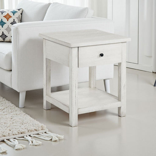 Ayne Side End Table, 1 Drawer, Distressed White Wood, Square 20 Inch