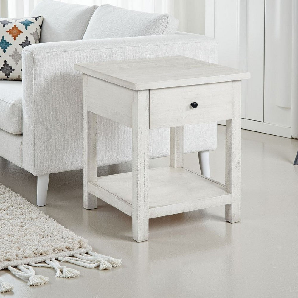 Ayne Side End Table, 1 Drawer, Distressed White Wood, Square 20 Inch