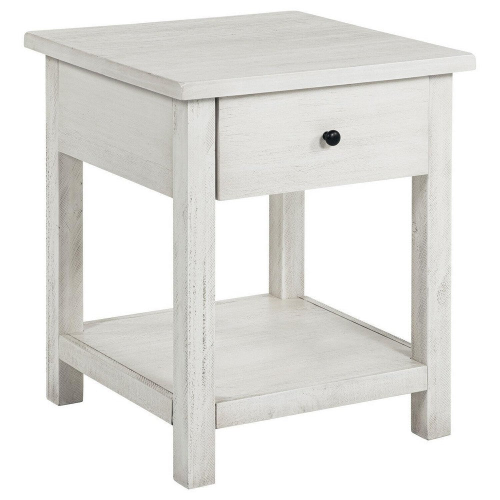 Ayne Side End Table 1 Drawer Distressed White Wood Square 20 Inch