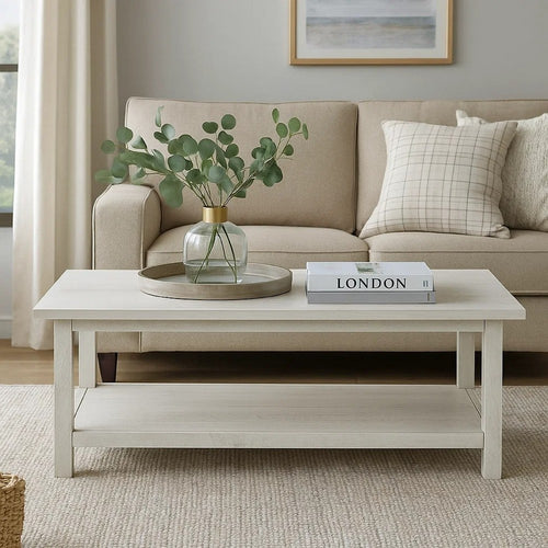 Ayne Coffee Table, 1 Bottom Shelf, Distressed White Wood, 47 Inch