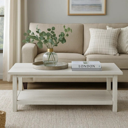 Ayne Coffee Table, 1 Bottom Shelf, Distressed White Wood, 47 Inch