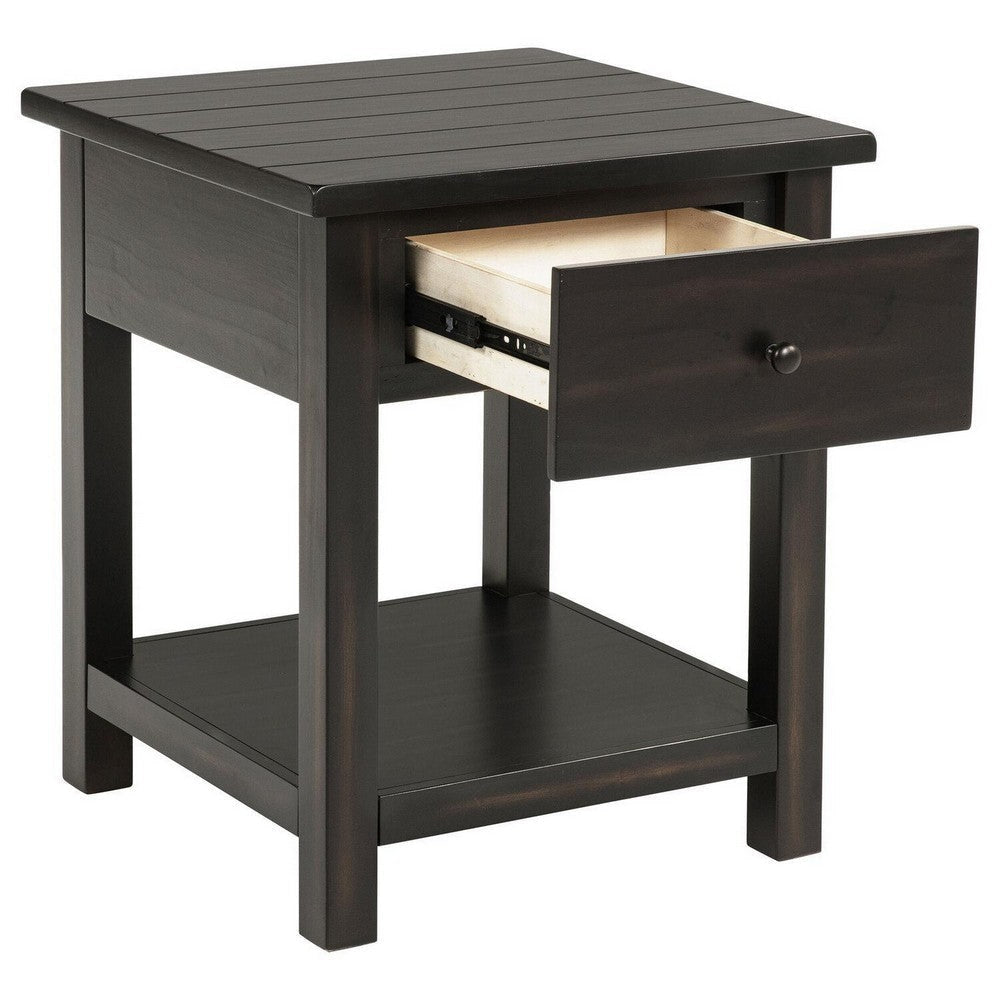 Ayne Side End Table 1 Shelf 1 Drawer Black Wood Square 20 Inch BM329197