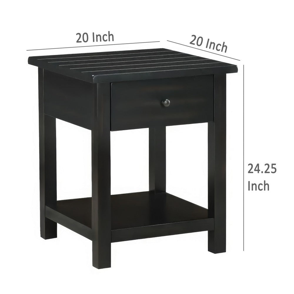 Ayne Side End Table 1 Shelf 1 Drawer Black Wood Square 20 Inch BM329197