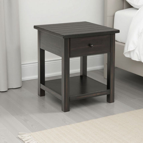 Ayne Side End Table, 1 Shelf, 1 Drawer, Black Wood, Square 20 Inch
