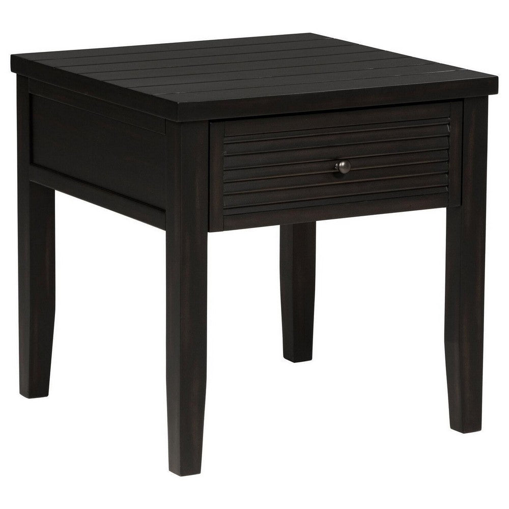 Coni Side End Table, 1 Drawer, Classic Black Wood, Square 24 Inch