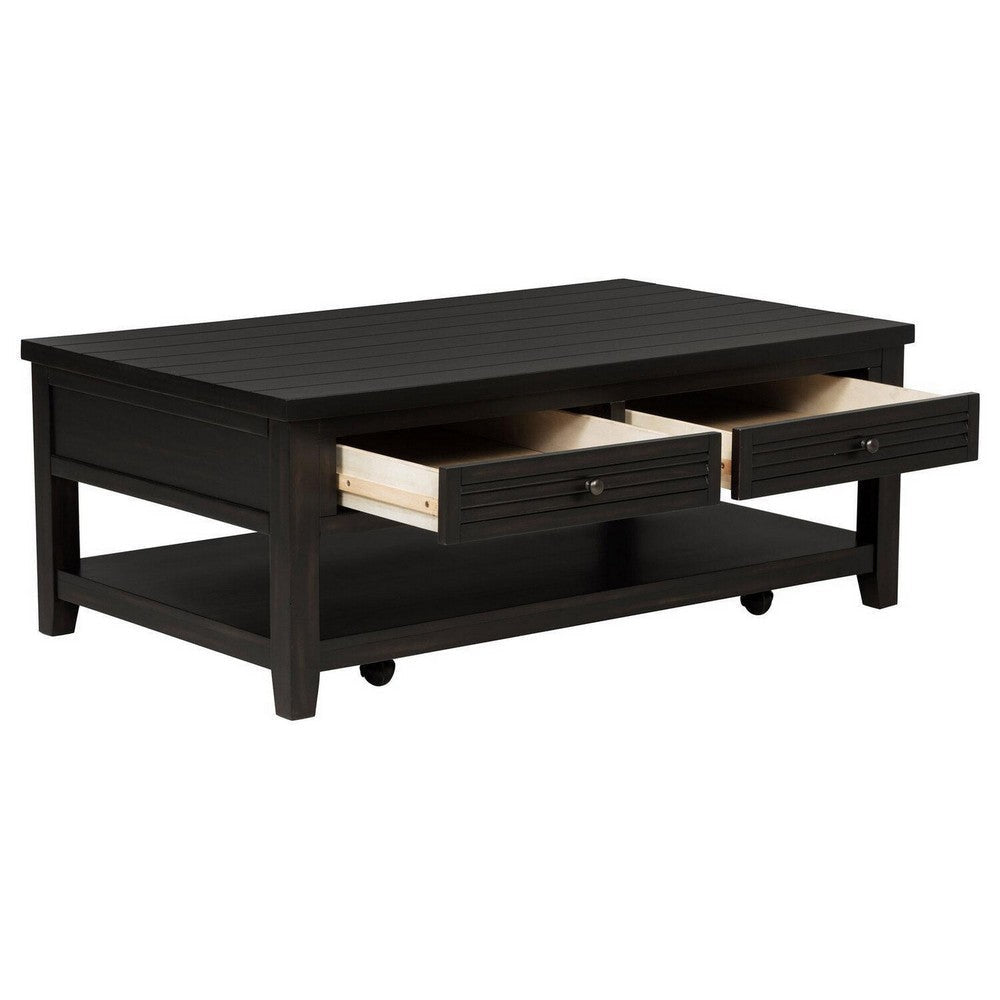 Coni Coffee Table 2 Drawers 1 Shelf Black Wood Frame 48 Inch BM329201
