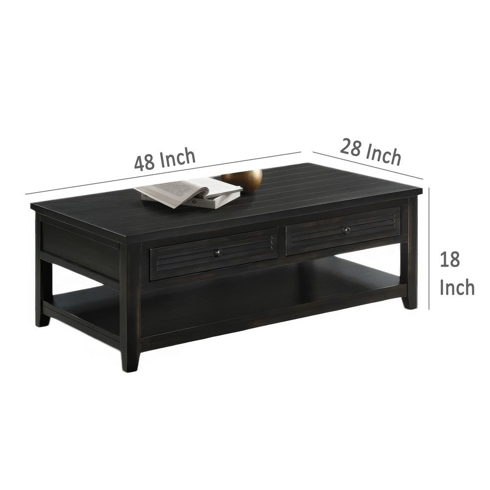 Coni Coffee Table 2 Drawers 1 Shelf Black Wood Frame 48 Inch BM329201
