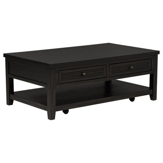 Coni Coffee Table, 2 Drawers, 1 Shelf, Black Wood Frame, 48 Inch