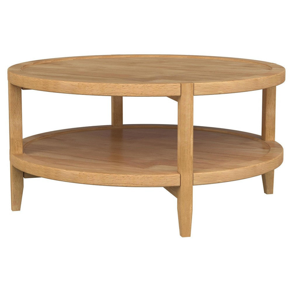 Camilia Coffee Table 1 Shelf Round Maple Brown Solid Wood 36 Inch BM329202