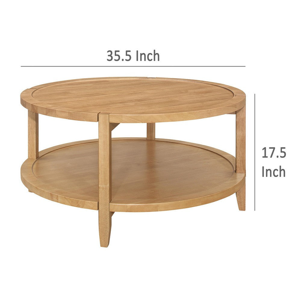 Camilia Coffee Table 1 Shelf Round Maple Brown Solid Wood 36 Inch BM329202