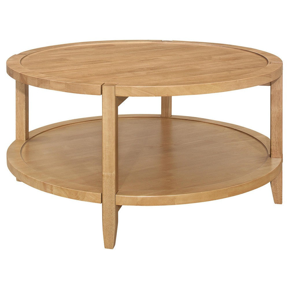Camilia Coffee Table, 1 Shelf, Round Maple Brown Solid Wood, 36 Inch