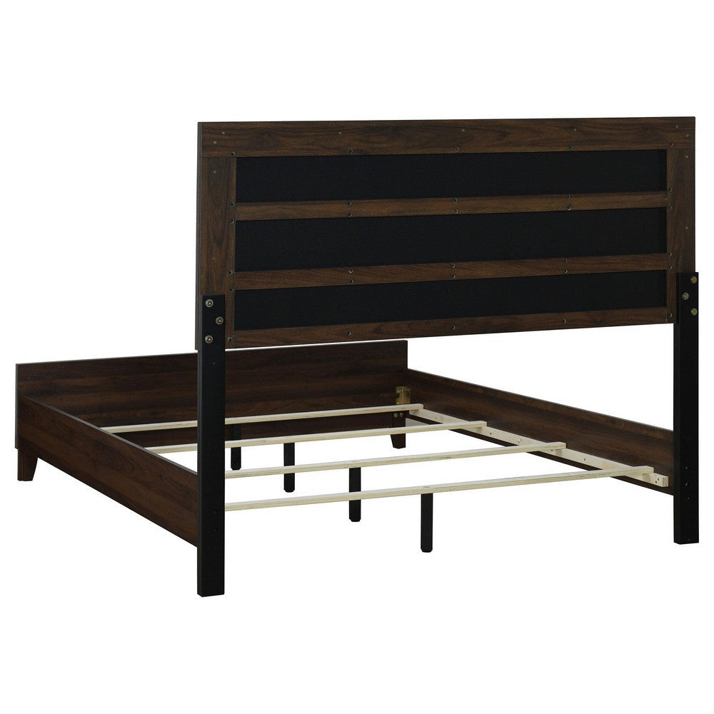 Yels King Size Bed Gray Channel Tufted Upholstery Walnut Brown Wood BM329212