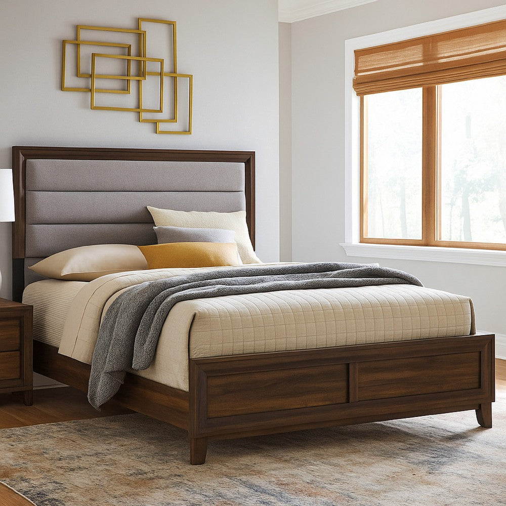 Yels King Size Bed, Gray Channel Tufted Upholstery, Walnut Brown Wood