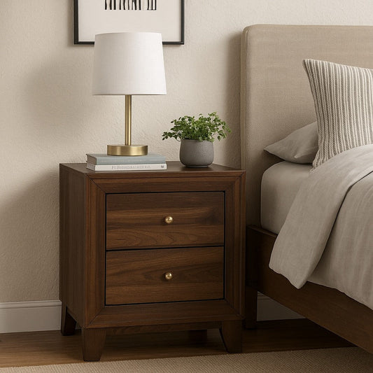Yels Nightstand with 2 Drawers, Gold Metal Knobs, Walnut Brown