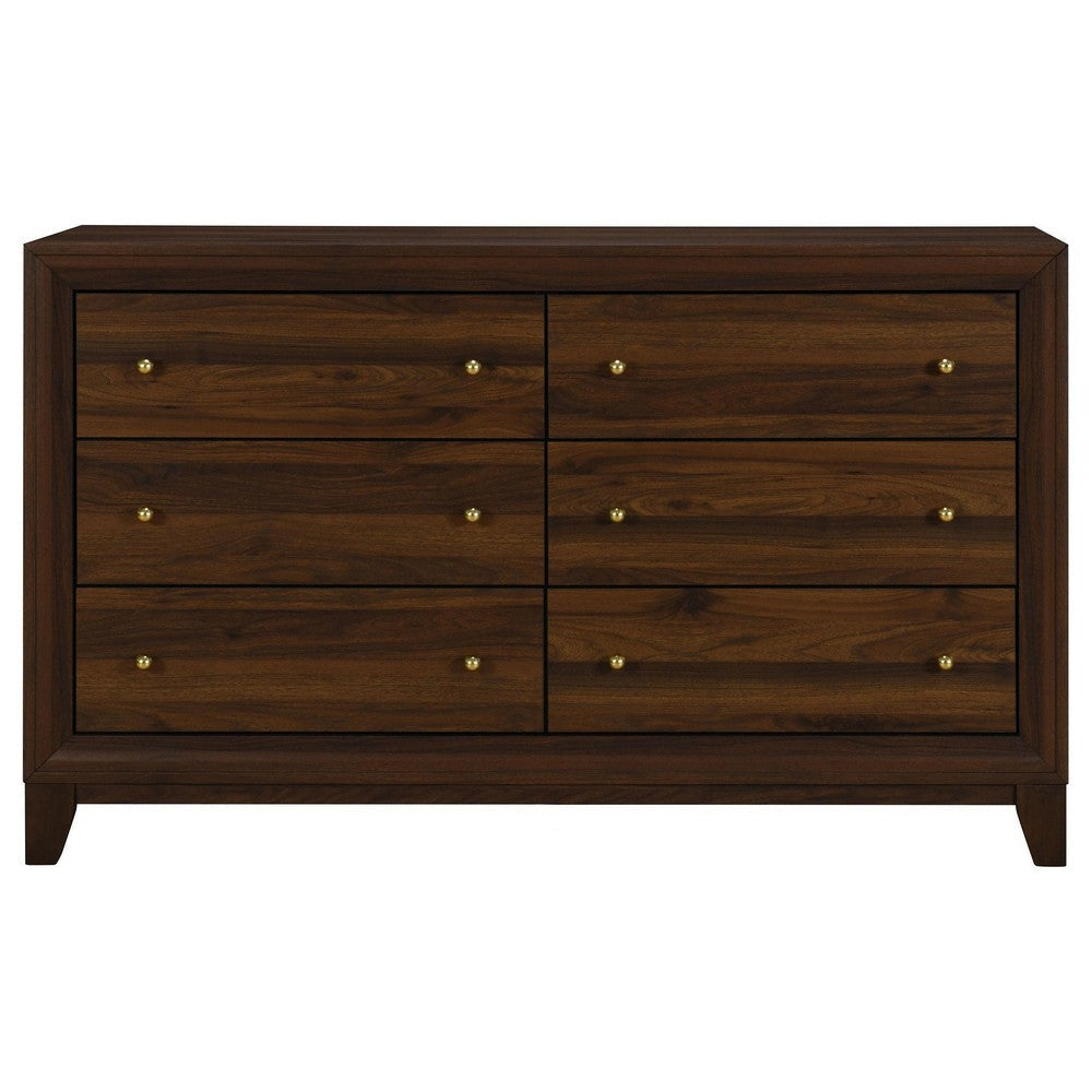Yels Wide Dresser with 6 Drawers Gold Metal Knobs Walnut Brown BM329214