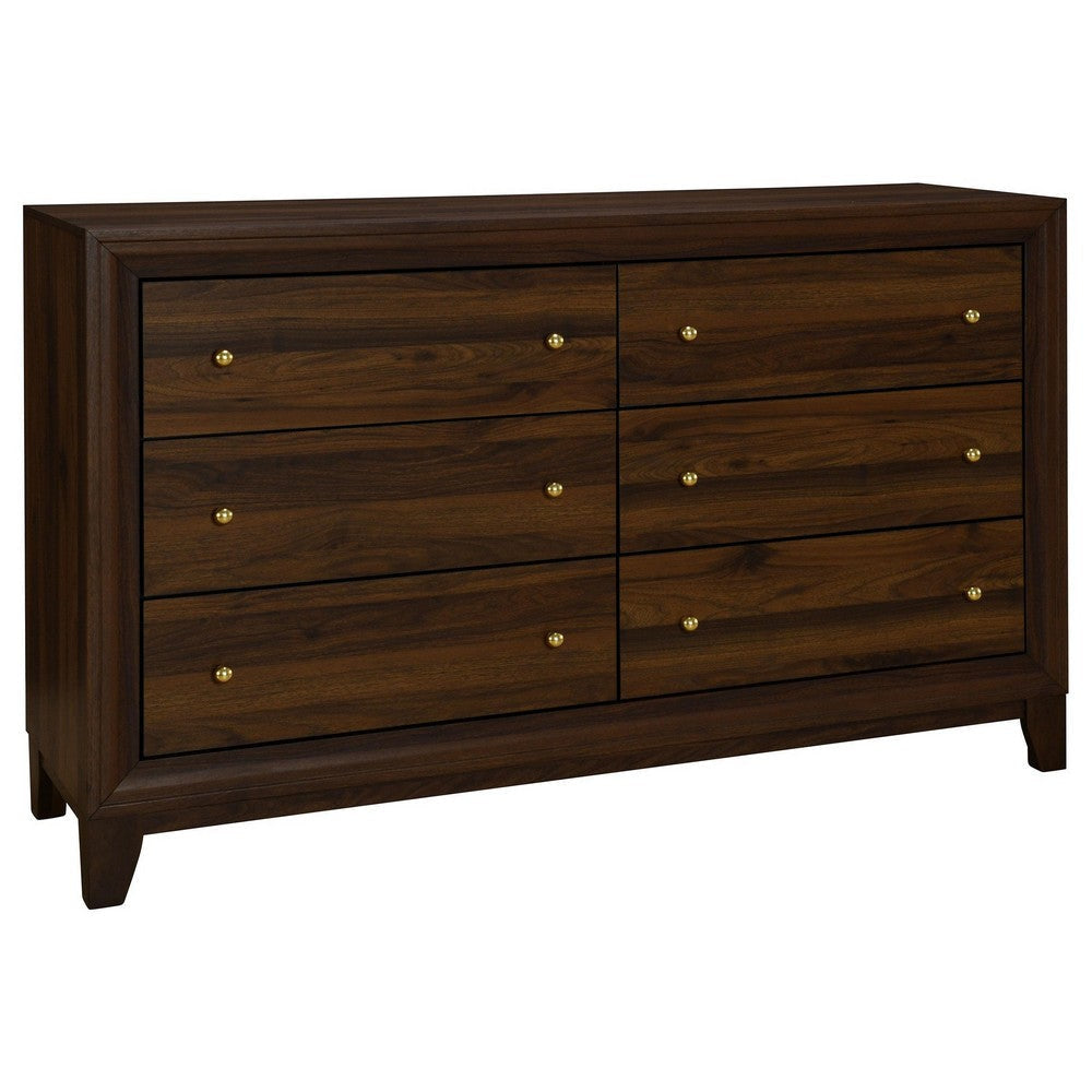 Yels Wide Dresser with 6 Drawers Gold Metal Knobs Walnut Brown BM329214