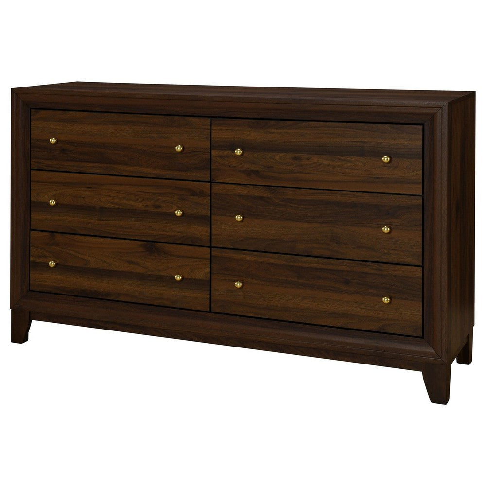 Yels Wide Dresser with 6 Drawers Gold Metal Knobs Walnut Brown BM329214