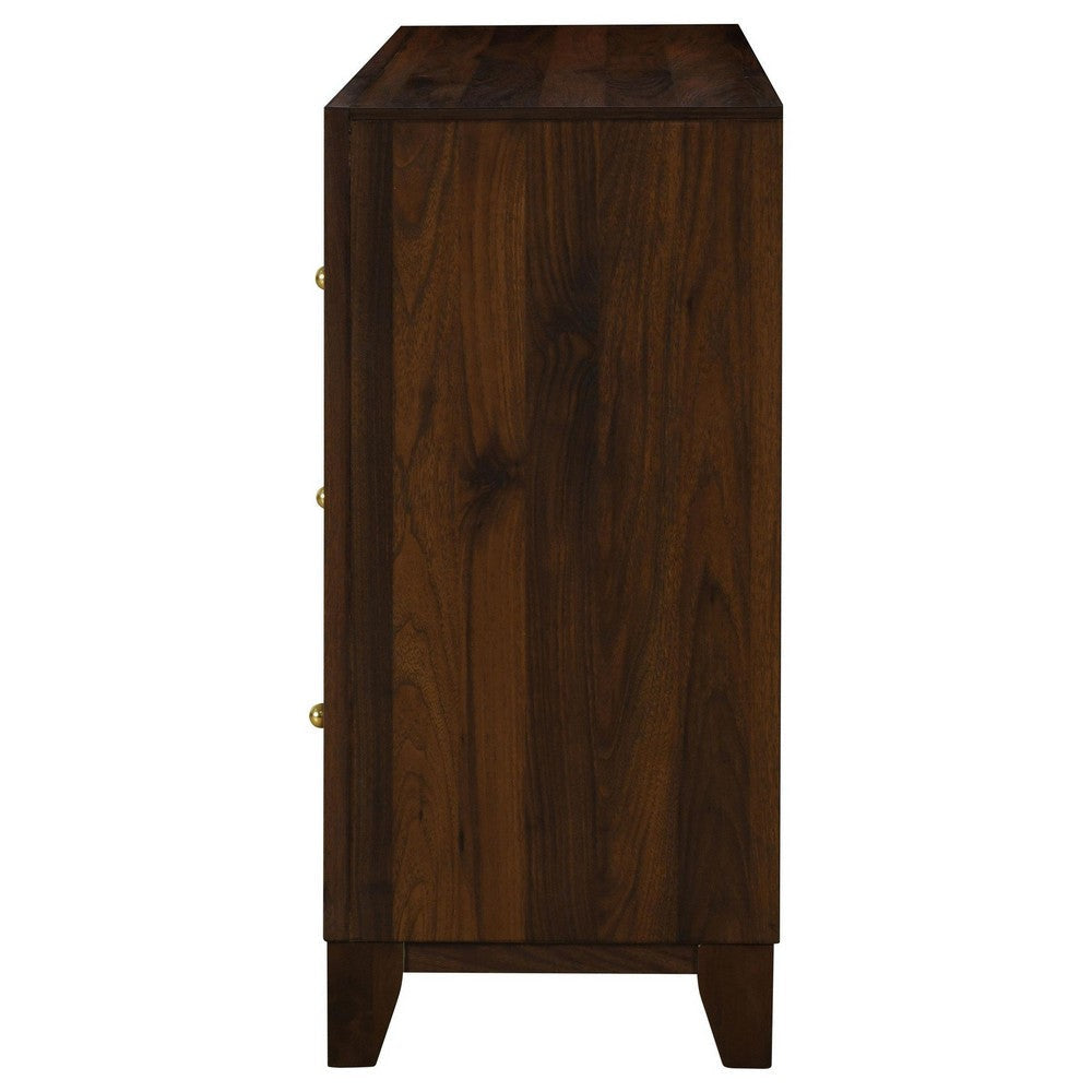 Yels Wide Dresser with 6 Drawers Gold Metal Knobs Walnut Brown BM329214