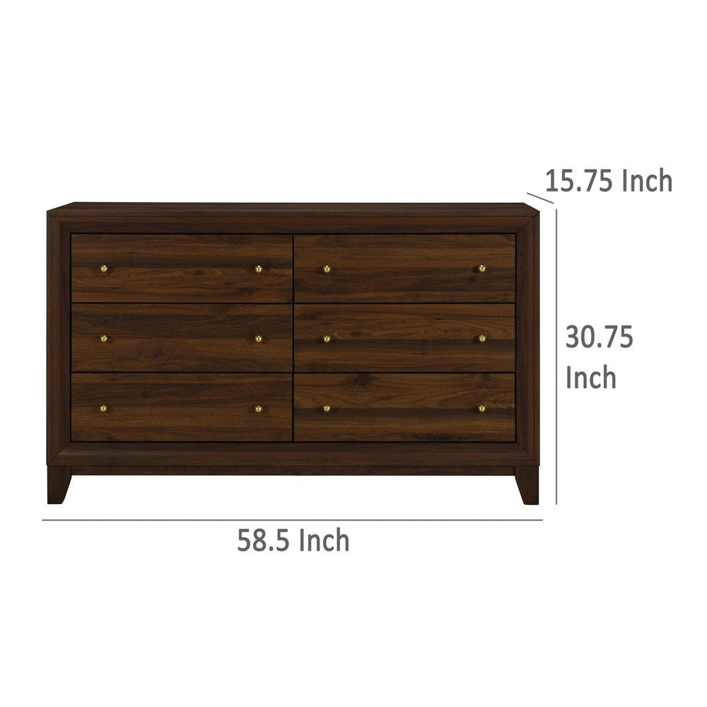 Yels Wide Dresser with 6 Drawers Gold Metal Knobs Walnut Brown BM329214