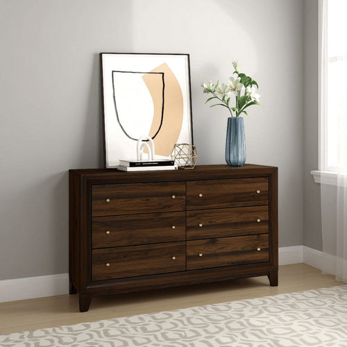 Yels Wide Dresser with 6 Drawers, Gold Metal Knobs, Walnut Brown