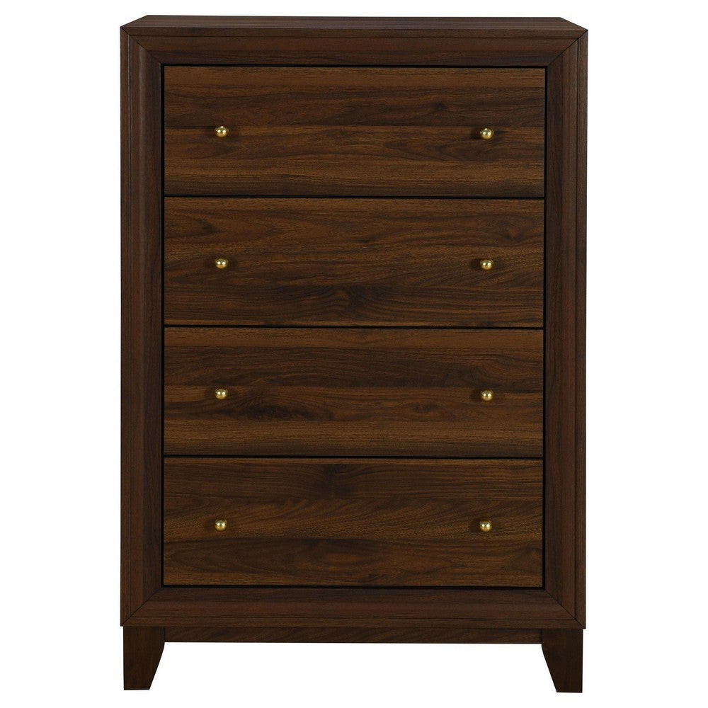 Yels Tall Dresser Chest with 4 Drawers Gold Metal Knobs Walnut Brown BM329215