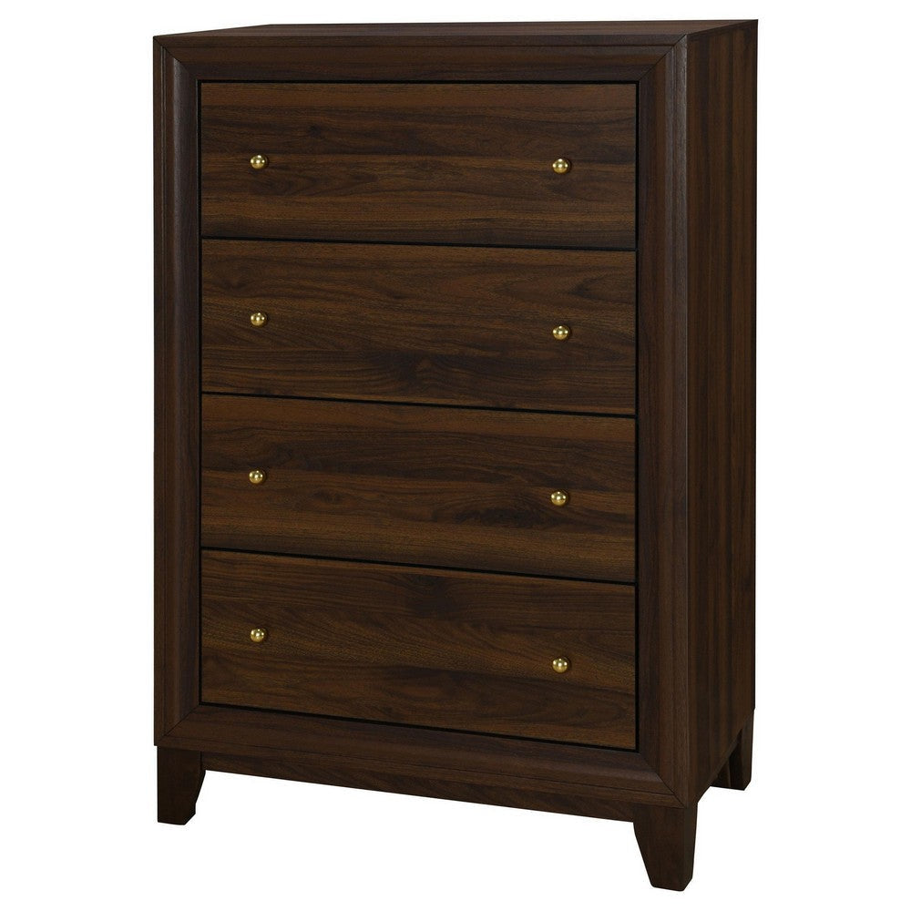 Yels Tall Dresser Chest with 4 Drawers Gold Metal Knobs Walnut Brown BM329215