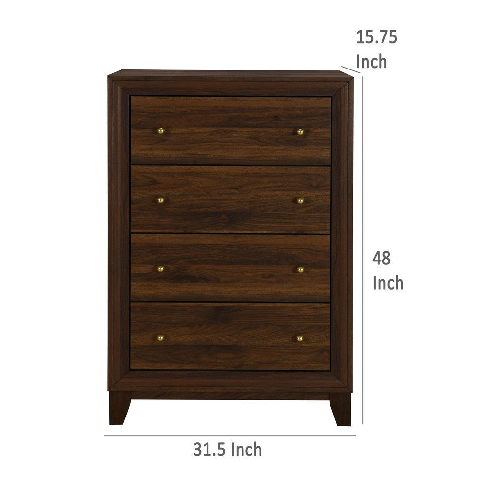 Yels Tall Dresser Chest with 4 Drawers Gold Metal Knobs Walnut Brown BM329215