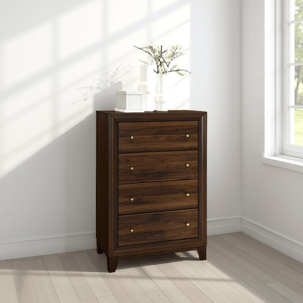 Yels Tall Dresser Chest with 4 Drawers, Gold Metal Knobs, Walnut Brown