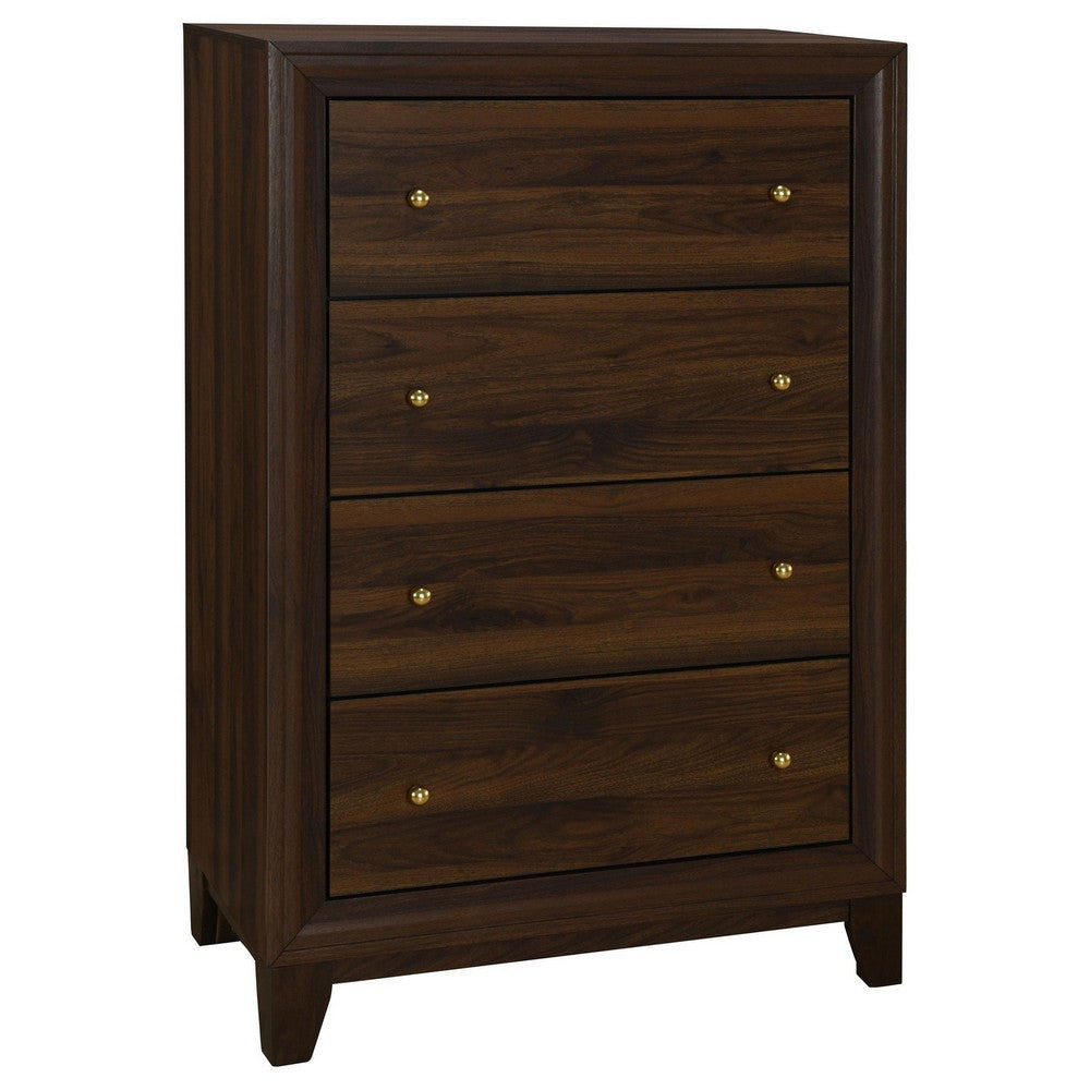 Yels Tall Dresser Chest with 4 Drawers Gold Metal Knobs Walnut Brown BM329215