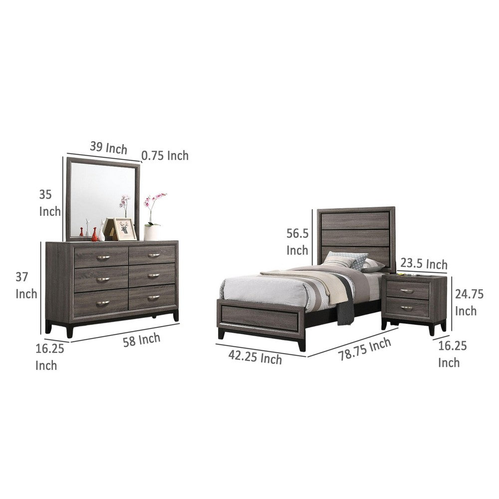 Mela 4pc Twin Bedroom Set with Dresser, Nightstand, Mirror, Oak Gray