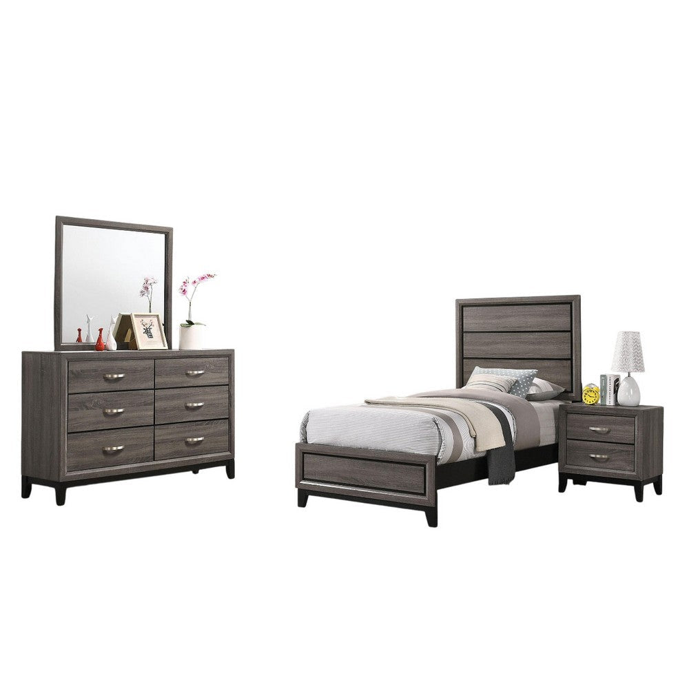 Mela 4pc Twin Bedroom Set with Dresser Nightstand Mirror Oak Gray