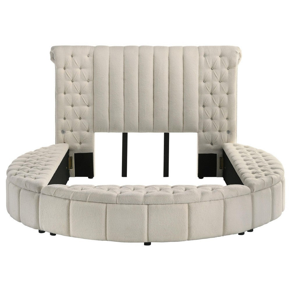 Neya Queen Round Bed with Storage Wingback Ivory Boucle Upholstery
