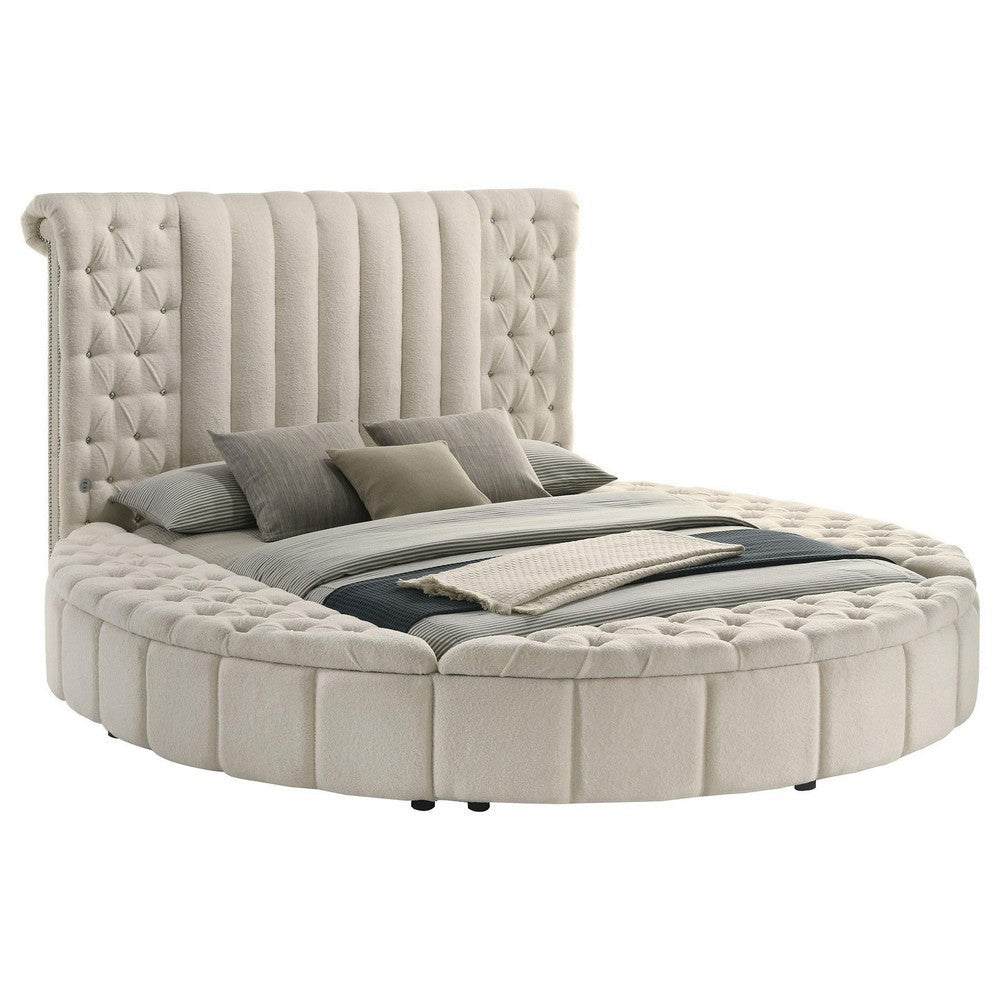 Neya Queen Round Bed with Storage Wingback Ivory Boucle Upholstery