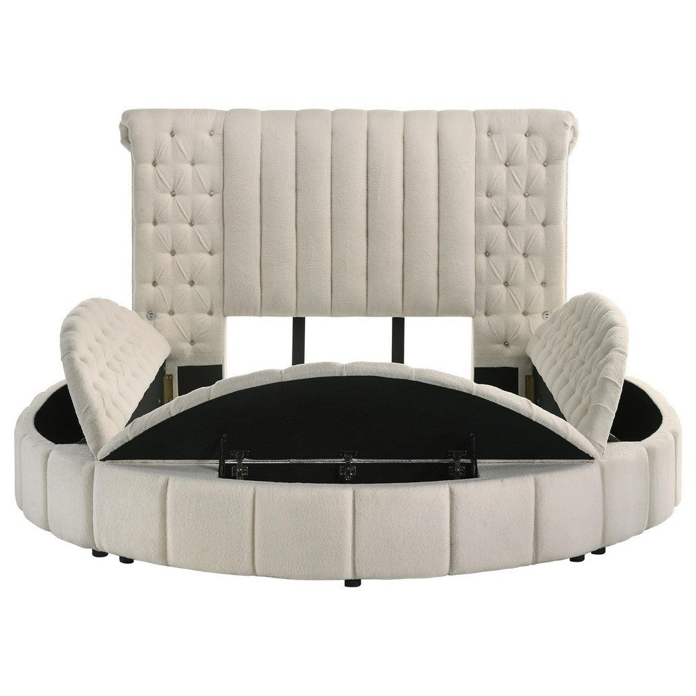 Neya Queen Round Bed with Storage Wingback Ivory Boucle Upholstery
