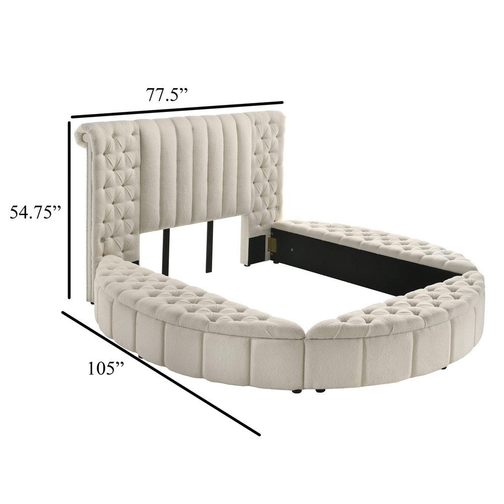 Neya Queen Round Bed with Storage Wingback Ivory Boucle Upholstery