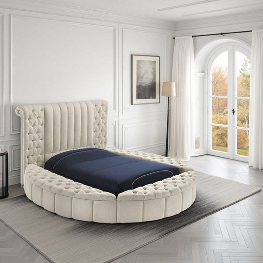 Neya Queen Round Bed with Storage, Wingback, Ivory Boucle Upholstery
