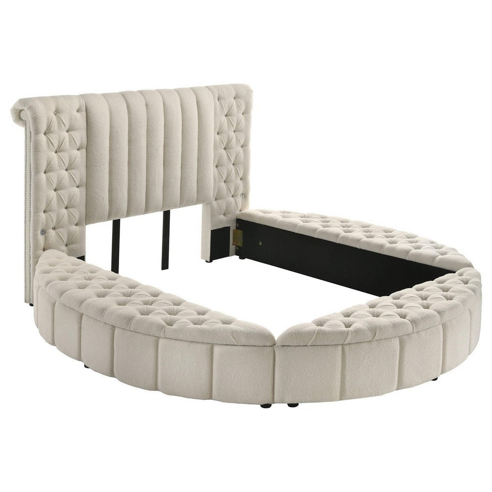 Neya Queen Round Bed with Storage, Wingback, Ivory Boucle Upholstery