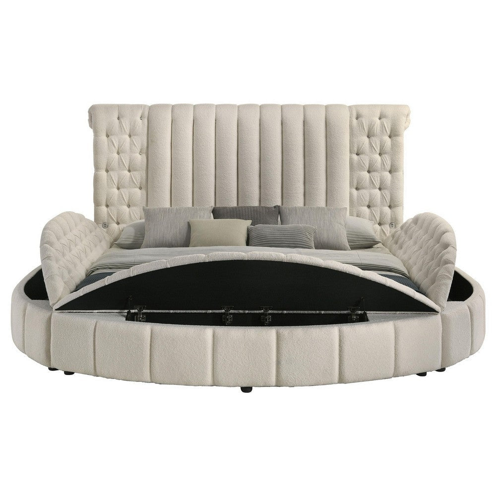 Neya King Round Bed with Storage Wingback Ivory Boucle Upholstery