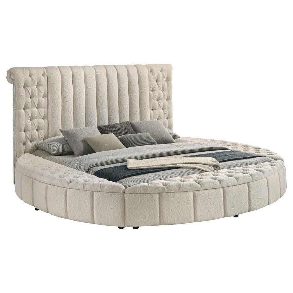 Neya King Round Bed with Storage Wingback Ivory Boucle Upholstery