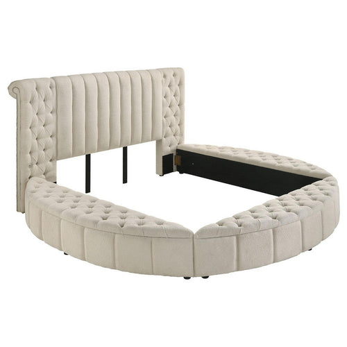 Neya King Round Bed with Storage, Wingback, Ivory Boucle Upholstery