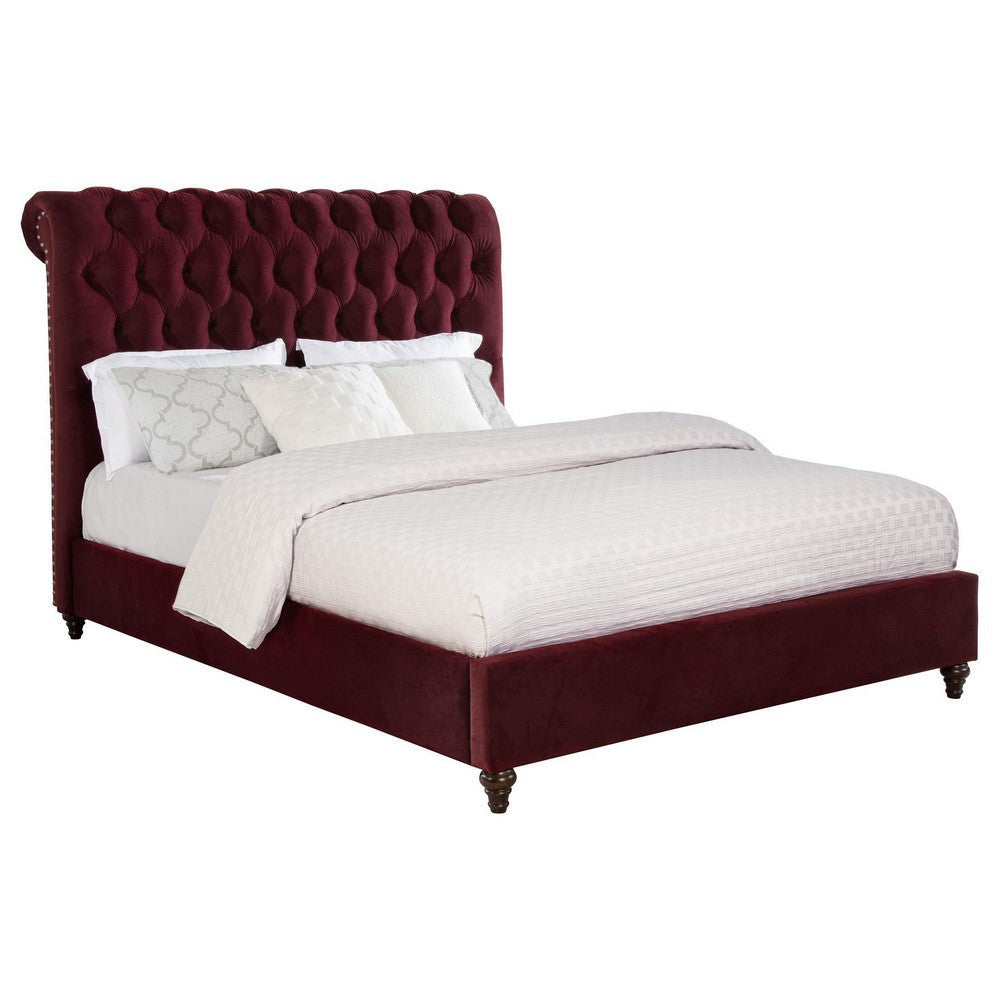 Damo Queen Bed Red Wine Velvet Upholstered Chesterfield Headboard