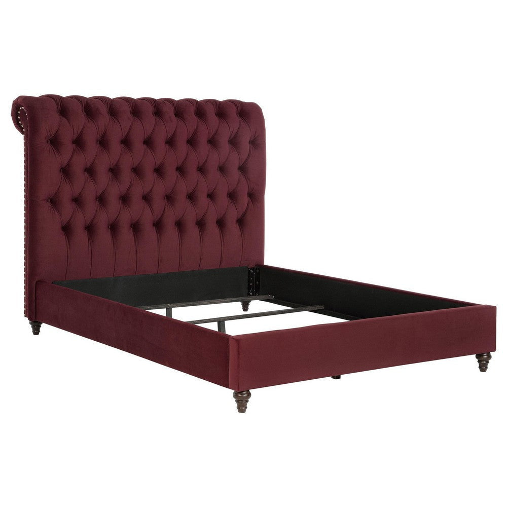Damo Queen Bed, Red Wine Velvet Upholstered Chesterfield Headboard
